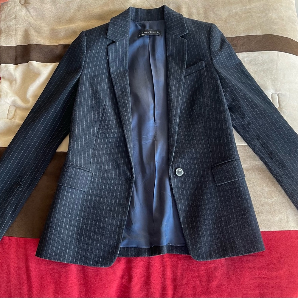 Zara Dark Blue Striped Blazer